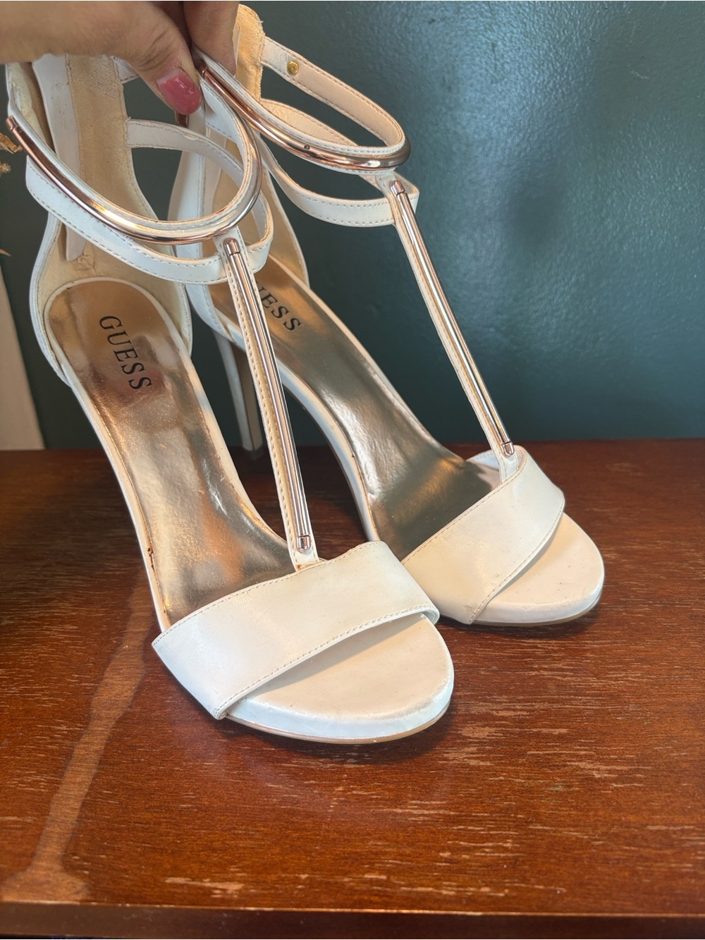 GUESS Handley White and Metallic T-Strap High Heel Sandals